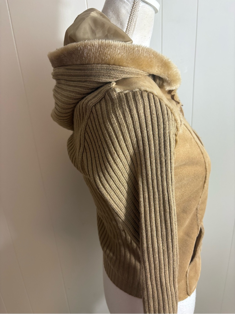 Vintage Say What? Women's Hooded Teddy Sweater Jacket in Tan - Picture 4 of 9